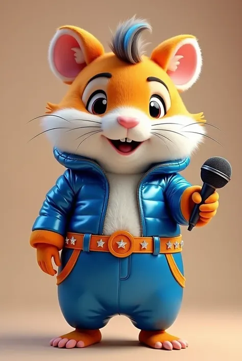  This mascot depicts a cute and adorable hamster with a round body and cheerful expression .  This hamster wears a singer-themed outfit consisting of a striking and cheerful combination of blue and orange.

 Costume Clothing

Top :  Metallic blue jacket wi...