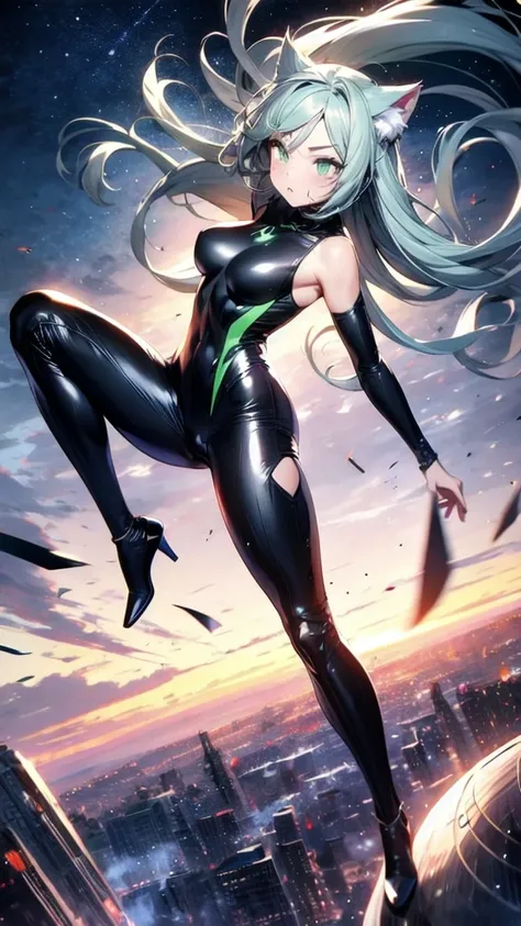 A beautiful girl with silver cat ears, green eyes, silver hair, long hair, black and white battle suit that fits her body perfectly, the background is the night city, the age is 14, dark night, sweat, steam from exhalation, dynamic angles, dynamic action p...