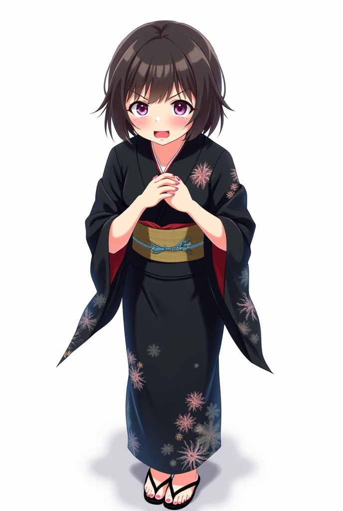 Anime woman with and standing in front of her full legs and geta yukata black and with flowers and worried and with a white background and a full body and with pink nails and with fists on her chest both hands with an emotion of nervousness and with an exp...