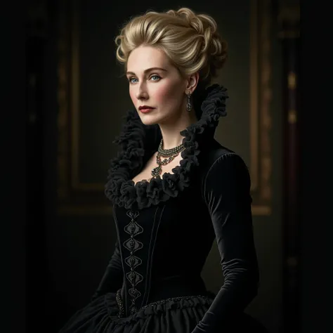 portrait of Carice van Houten with blonde hair, pale skin, green eyes, gothic makeup, black clothes, as Queen Victoria from England