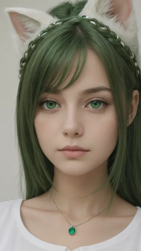 portrait. a european girl. extremely detailed face. extremely sad. half-closed eyes. green eyes. long, thick hair. green hair. fake cat on head. emerald necklace. collarbone. white t-shirt