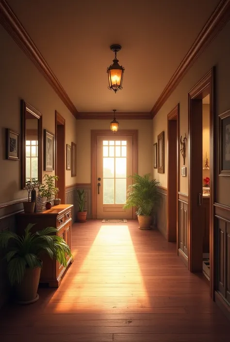 The long corridor of a house where you can see many rooms and at the end of the corridor a large door, with a natural and homely environment

