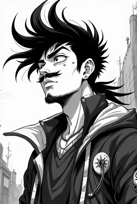  anime style /black and white manga,  a mullet-cut teenager with mustache and goatee ,And with elements Cybertribal  