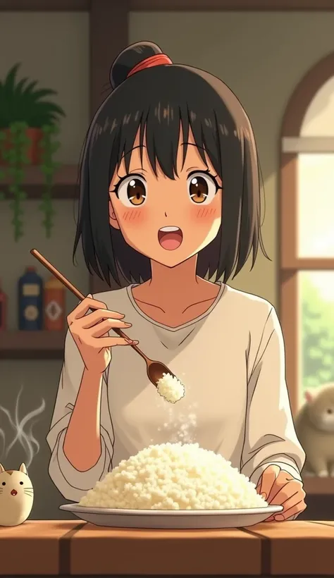 Ghibli style、woman、One person、Food、cooked rice、Eating、
 seems to be having fun
