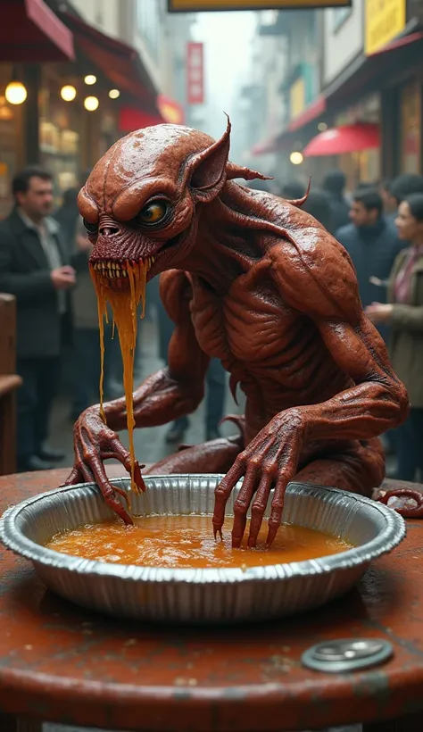 Realistic photo of a hideous, slimy mutant creature whose skin is rotting oily, sitting on a dining table, its saliva dripping profusely into a large round aluminum Pan of a food stall, without bones resembling a SkyWalker, sitting on the table while drool...