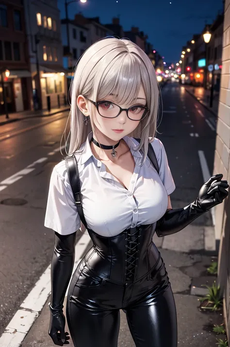  The best quality, ( masterpiece:1.3), ultra-detail,  detailed face , (highres:1.1), 1 girl, slim, pechos grandes, standing, ,  seen from above,  looking at the spectator , long gray hair, detailed eyes, crimson red eyes, wears glasses,  choker :1.6, (( wh...