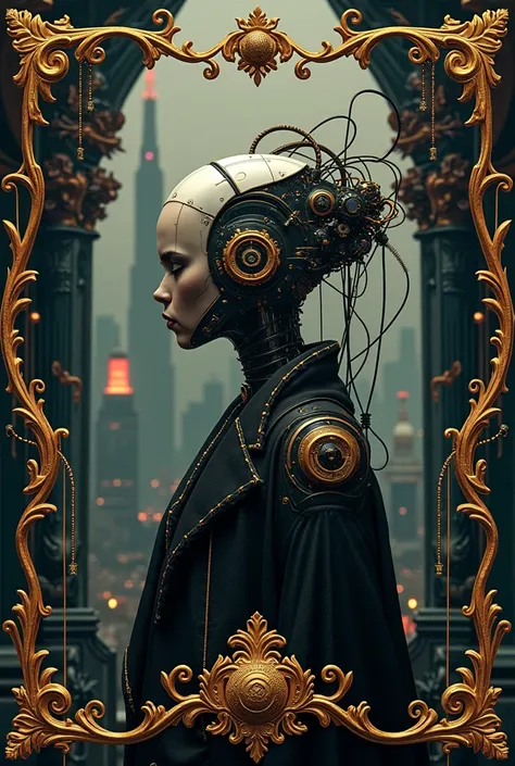 I want a dark background in a square format that combines Cyberpunk and Rococo aesthetics very well