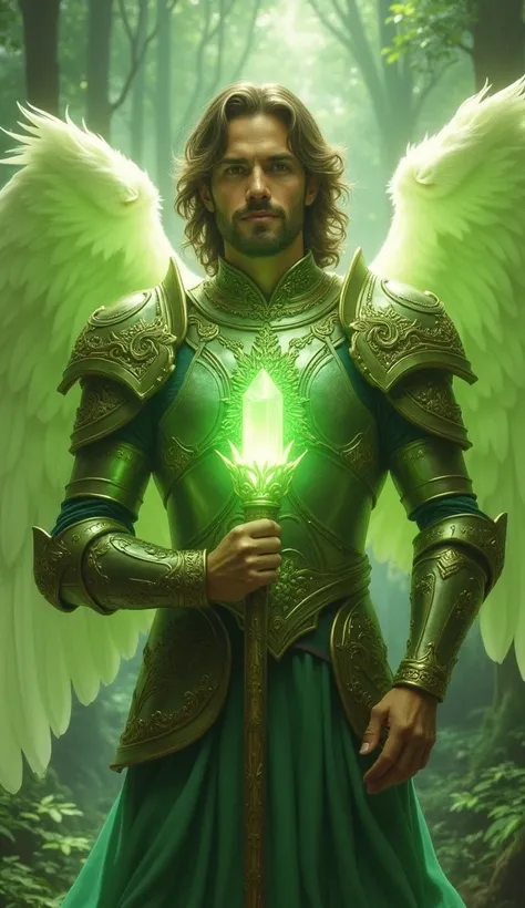 "A serene angel surrounded by a tranquil, glowing green aura. Rafael wears armor with intricate patterns resembling natures beauty, holding a staff with a crystal that radiates healing light. Around him, the environment flourishes—trees bloom, waters shimm...