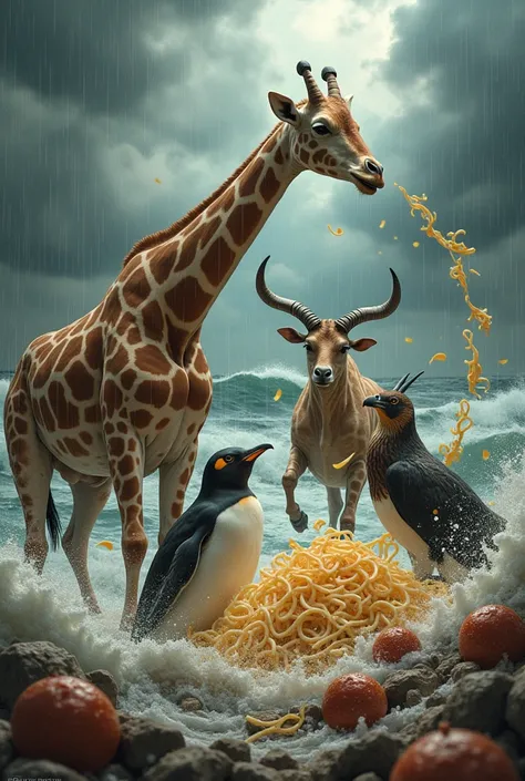 Create a fight of mutant animals giraffe , Single, cow, goat, penguin, Hawk,  toad background ocean and noodle meatball rainstorm