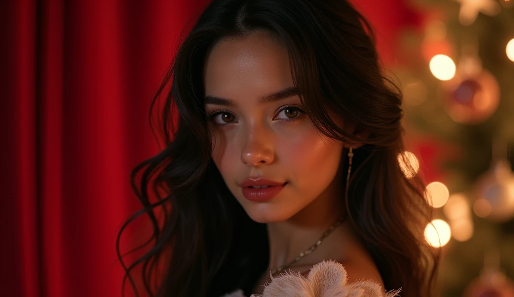 ( photorealism:1.2),  Beautiful Women, Long Hair , to l&#39;interior, Soft lighting, Face only realistic , The details are complicated, warm shades, dark eyes, 20 years old ， Christmas Costumes、 red christmas background 