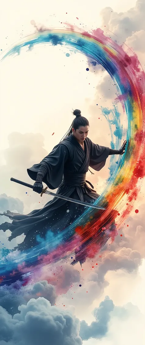 (masterpiece:1.2,Superior Quality,Mirror finish, cinematic experience , best illustration , super detailed),8k,16k,wallpaper,(watercolor),Ronin,warrior,samurai,Black Costume,(Slasher 2 .0),( Express the trajectory of a sword with a curve like a seven-color...