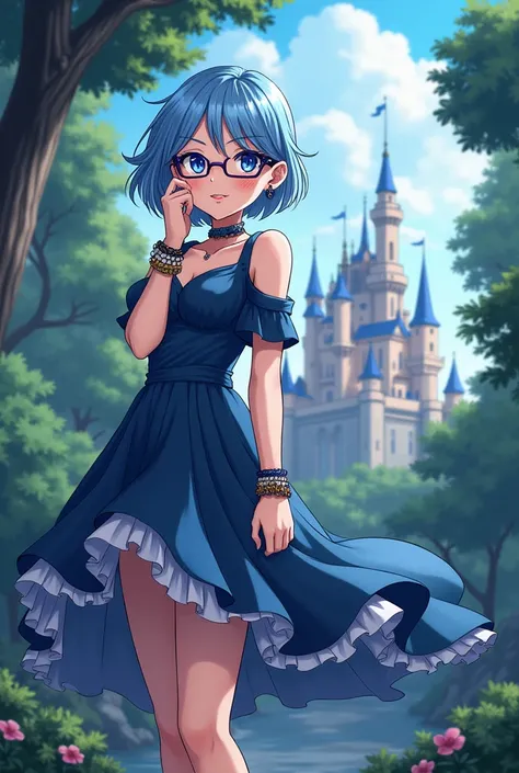 anime,  beautiful woman of twenty-three years old,  short blue hair with white tips ,  bright blue eyes ,  flushed cheeks , mischievous look,  elegant dress,  dark blue high heel open shoes, a flower on the ankle , many bracelets , earrings, glasses, castl...