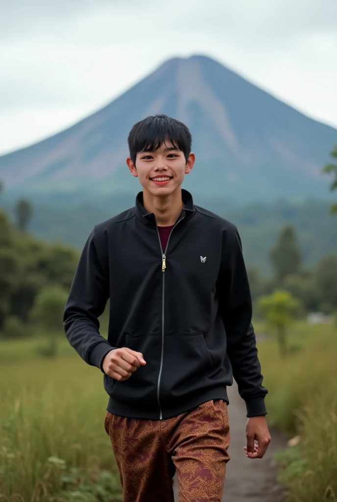 Real human. Photo, bodynfacung forward, Aziz is Indonesian young man, short straight black hair, white skin, black expressive eyes, medium body, wearing zipped up  black jacket, brown batik motive  pant,, walking, his expression is  happy, background is mo...