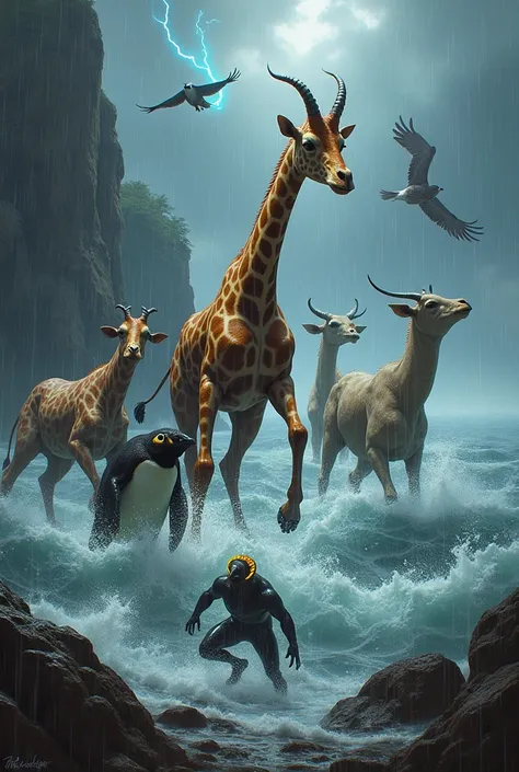 Create a fight of mutant animals giraffe , Single, cow, goat, penguin, Hawk, Toad background of the ocean and torrential rainstorm