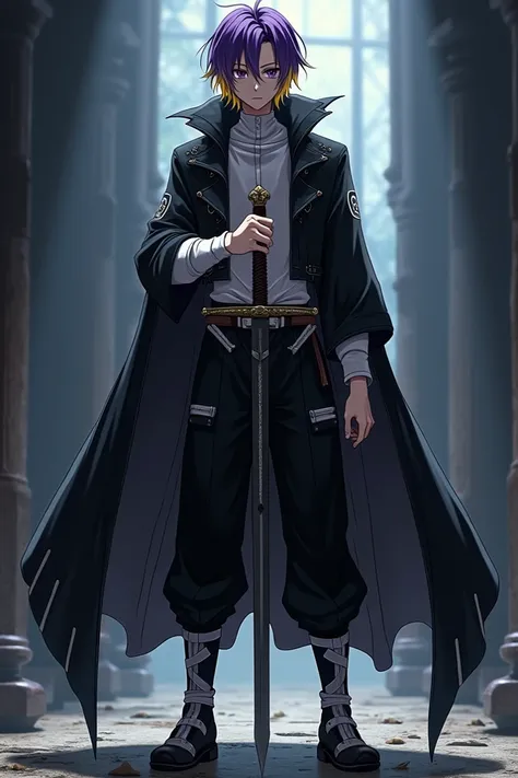 Create a handsome anime cinematic character with short emo hair in purple and yellow gradient, wearing a black demon hunter robe with white accents with straps, Wearing black trousers with white accents, wearing a white belt, wearing black and white shoes,...