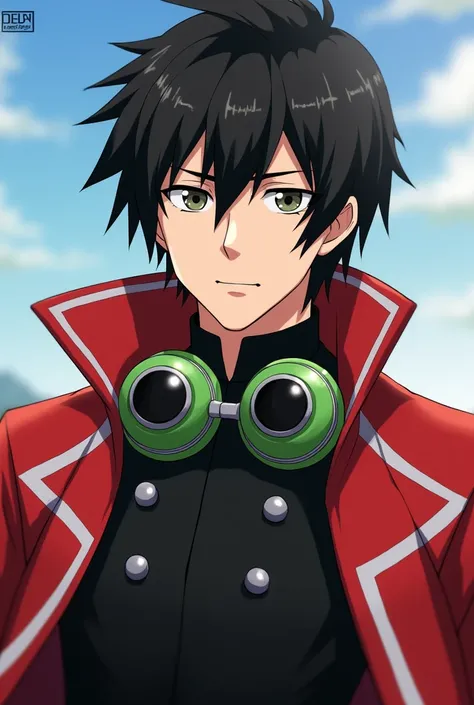 Shinichi Sakurai wearing a black shirt and red jacket with white lines on green goggles with black visors hanging around the collar 