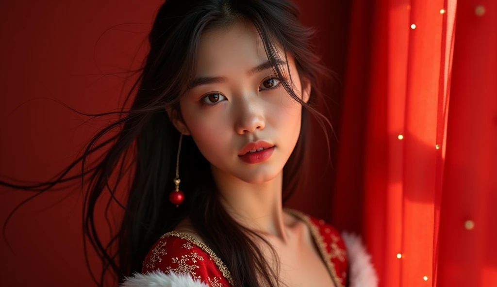 ( photorealism:1.2),  Beautiful Asian Woman, Long Hair , to l&#39;interior, Soft lighting, Face only realistic , The details are complicated, warm shades, dark eyes, 20 years old ， christmas costume、red christmas background 