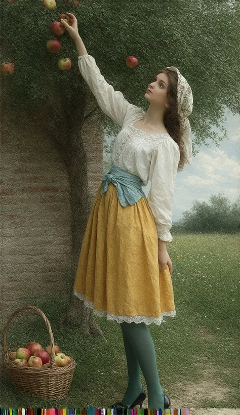 A realistic painting depicts a young woman in traditional 19th-century European attire, standing on a dirt path surrounded by greenery. She is reaching up to pluck apples from a fruit tree with thick brown trunk and branches covered in lush green leaves. T...