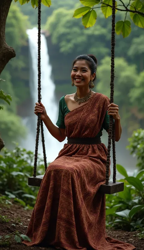 one Beautiful sundanese women looking camera 
women wear A tradisional traditional javanese etnic clothing dressed,wear long woven jarik batik traditional seat at swing at waterfall at forest while smiles 