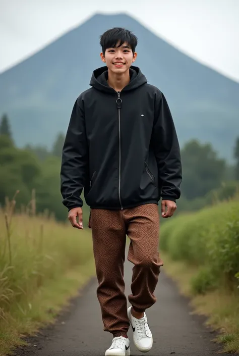 Real human. Photo, bodynfacung forward, Aziz is Indonesian young man, short straight black hair, white skin, black expressive eyes, medium body, wearing zipped up  black jacket, brown batik motive  pant,, white football shoes,  walking, his expression is  ...