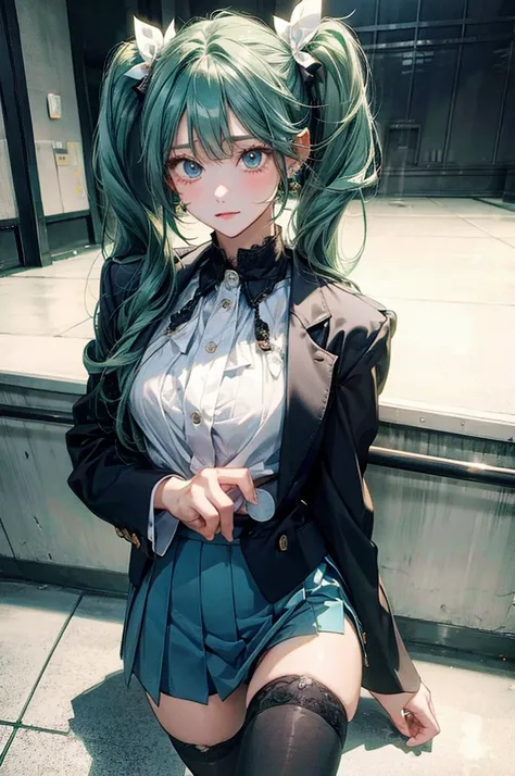  green hair、Miku Hatsune、 twin tails、Earrings、 earrings for a woman alone、solo,、 best quality, Realistic,  Super Fine Illustration , Beautiful and attractive anime girl, Slender body,  sex,  pictures of girls ,  full body shot,  beautiful blue eyes, 「 blaz...