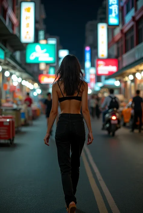 , a Thai model is walking pretty cool.,In Siam at night , Realistic photos 