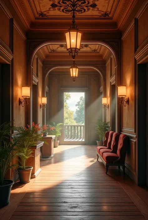 The long corridor of a house where you can see many rooms and at the end of the corridor a large door, with a natural and homely atmosphere but also elegant and sophisticated

