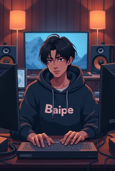 man. medium length black hair. sitting in front of a computer desk. wearing a hoodie that says Baipe. in a music studio