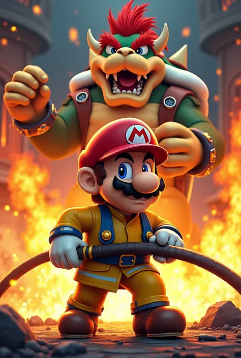 Super Mário dressed as a fireman putting out fire at Bowsers house