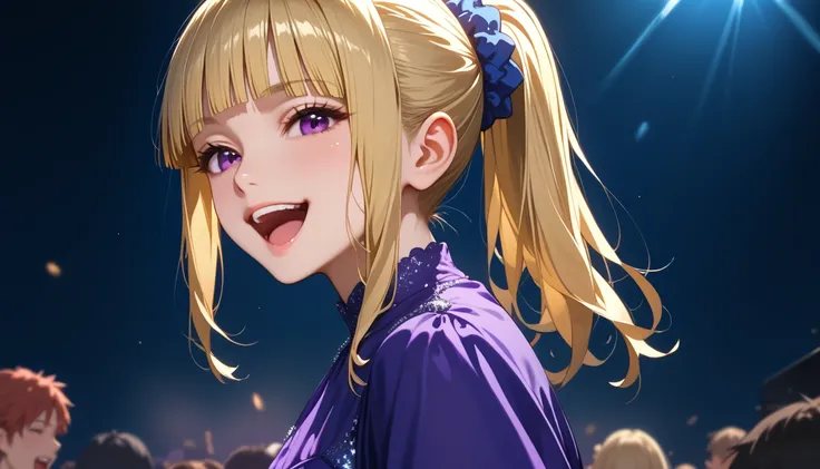 score_9, score_8_up, score_7_up, shiny skin, 1girl, KeiKaruizawa, Kei Karuizawa, bangs, blunt bangs, ponytail hair, long hair, violet eyes, blonde hair, blue scrunchie, sing, singing, open mouth, mic, Stage with Dim Light and Fog Effect, Dress flowy, dress...