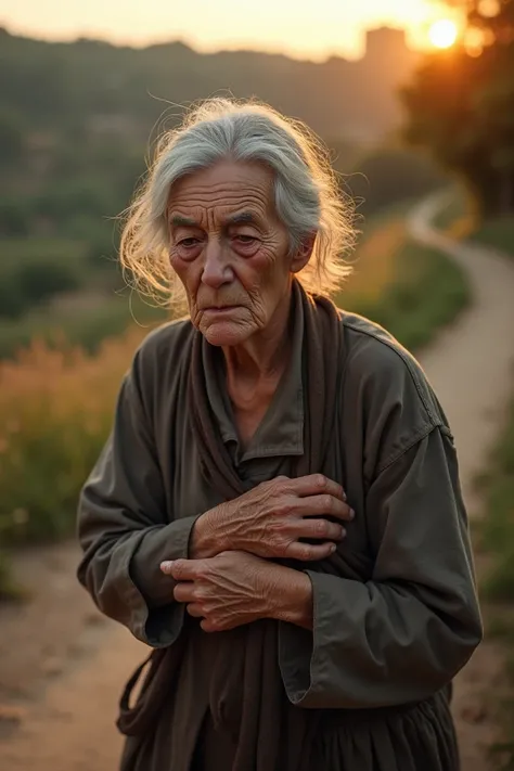 "an elderly woman, with expression of pain,  holding a swollen hand with sting marks . She runs back home ,  crossing a small dirt path with the late afternoon sun in the background."