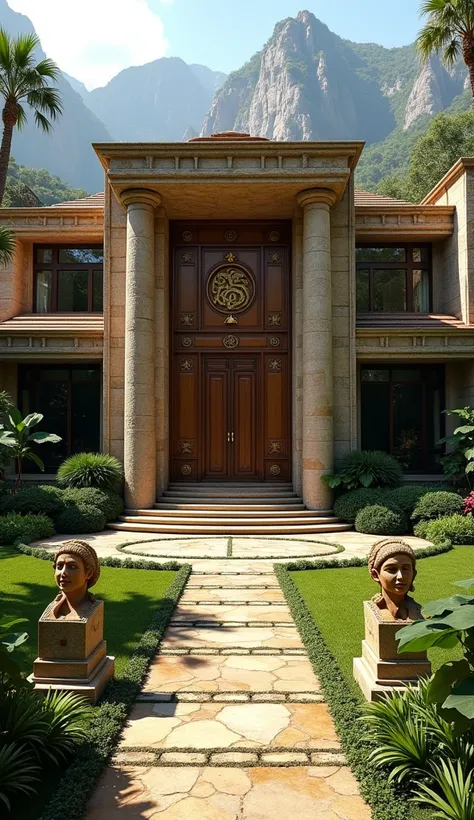 A grand, luxurious Indiana Jones-themed mansion, nestled at the edge of a vast jungle with towering mountains in the distance. The front facade exudes a bold blend of modern luxury and rugged adventure. Massive stone pillars resembling ancient ruins suppor...