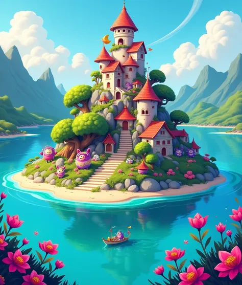 Colorful，bright，Dream Cartoon Island ，Overlooking， Mountains Dont Be Too High，Four-sided circumnavigation