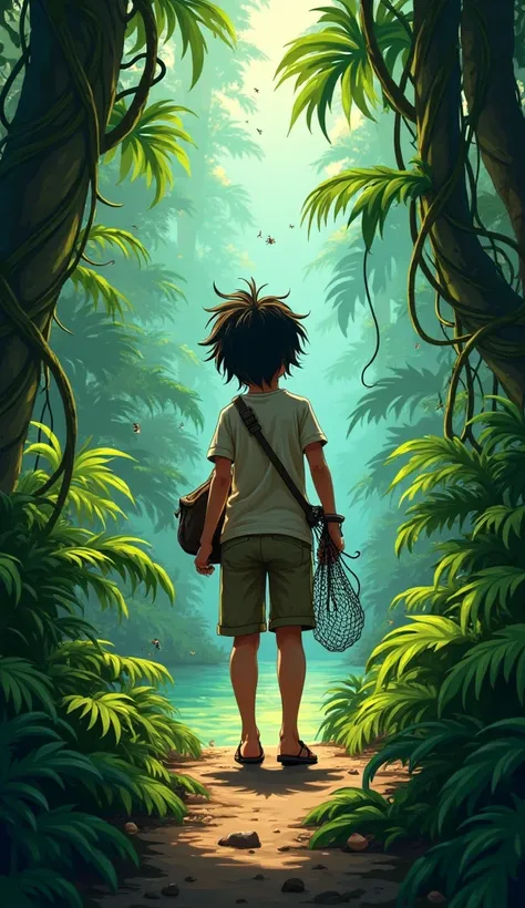 Scene 2: The Boy Exploring the Jungle
Prompt: A young boy with messy hair, wearing a simple shirt and shorts, cautiously walking through the dense Amazon jungle. He carries a net over his shoulder and looks curious yet alert. Surrounding him are thick vine...