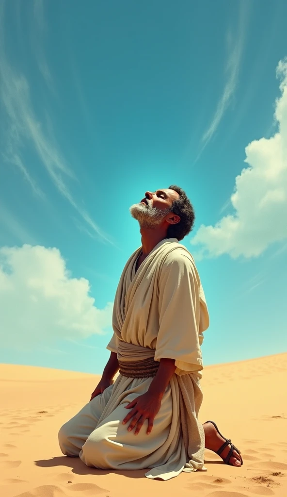 Image of a man in the desert 2 thousand years ago kneeling in the middle of the desert wearing period clothes with open arms looking up at the sky 