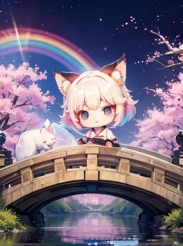 masterpiece、Illustration， best quality， high definition ，8k , Details，((Rainbow Bridge))，Chibi character，(Baby kitsune)，On a bridge 、