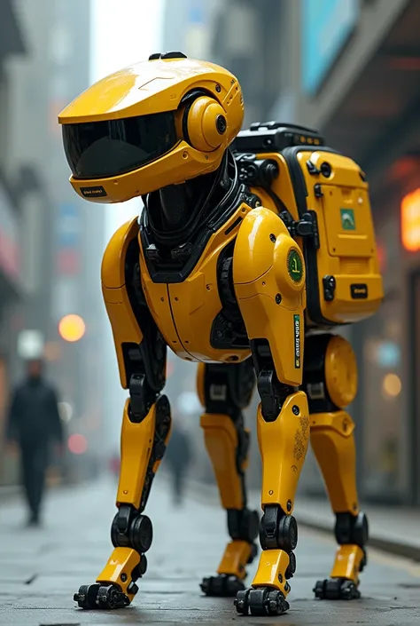 Futuristic yellow cyber robot android dog with equipment large bag type tactical rescue and rescue briefcase 