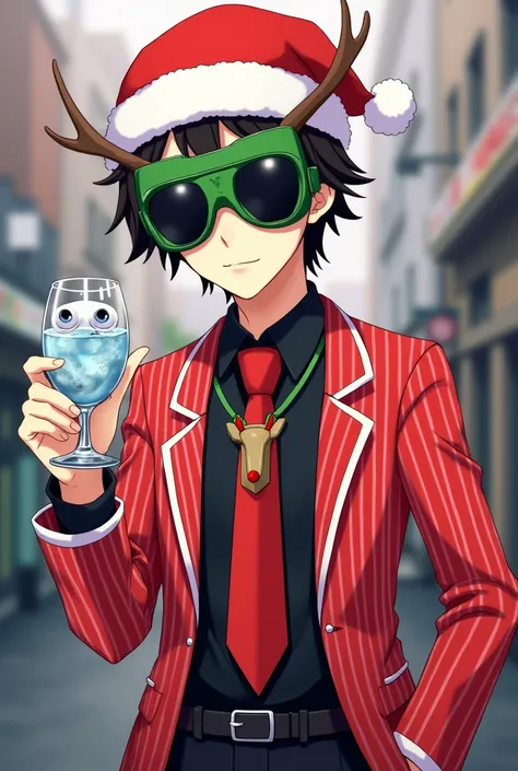 Shinichi Sakurai wearing a black shirt and red jacket with white lines on his green goggles with black visors hanging around his neck and a red tie with a reindeer with a red nose in the middle and a Christmas hat and a glass of water with small eyes in hi...