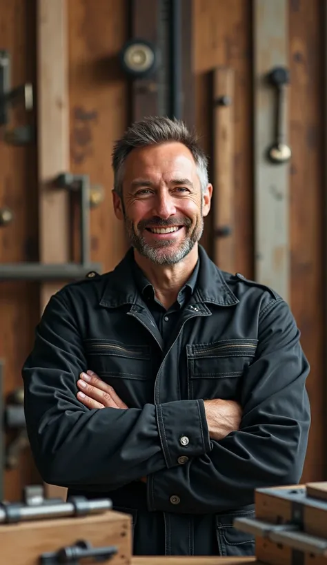 man wearing black-colored building worker suit, smiling, and around him is door and windows accessories such as handle door set, locks, door hinges, etc. 