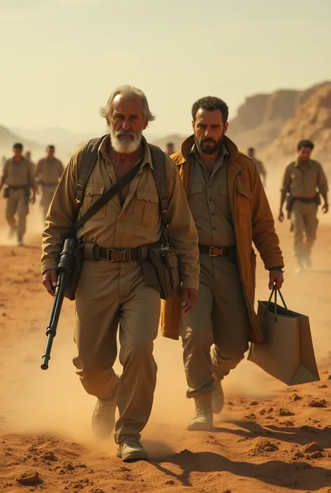 A 50-year-old man freeing prisoners in a desert with a 50-year-old shopping man too 