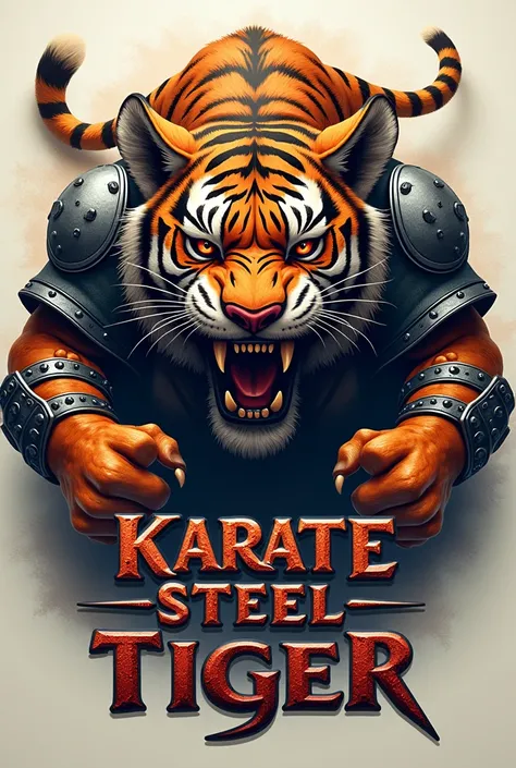 Create a logo of a ferocious tiger in steel armor with the name karate steel tiger 