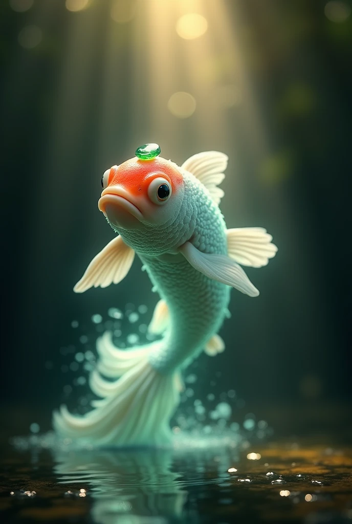  the result of the action figure ,  Realism Surrealism 4D Art ,  make a very beautiful Koi fish on its forehead there is a small grain of emerald gemstone of oval shape,  the body is shrouded in white light , moving around ,  dark black background there is...