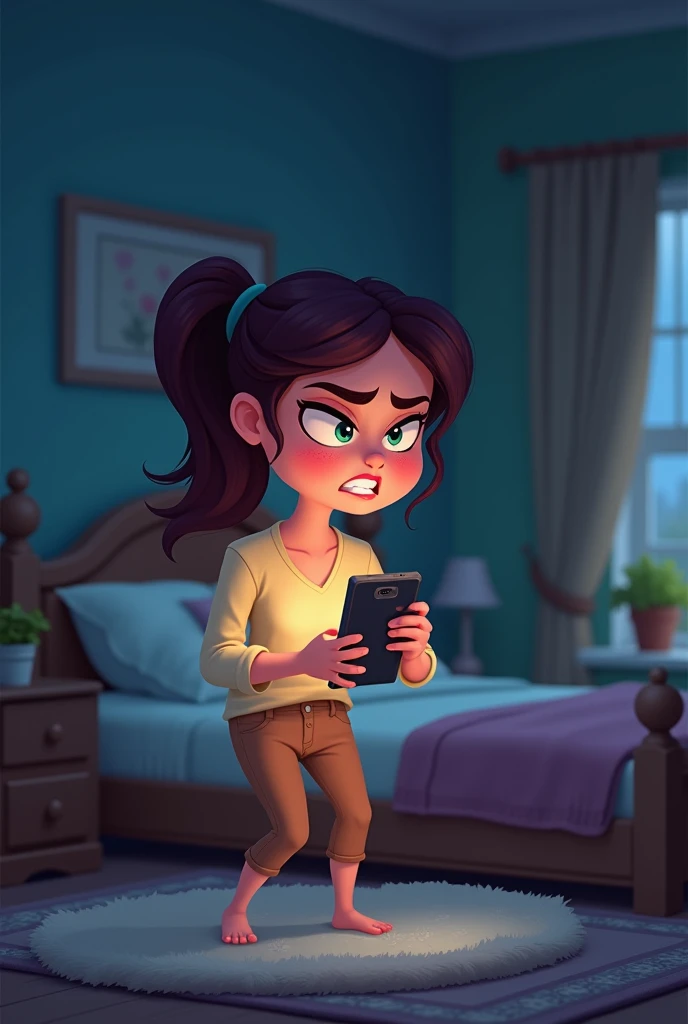 Night, bedroom, sleepy woman with an angry face holding a mobile phone,  Disney cartoon style 