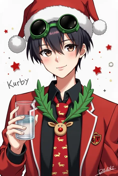 Shinichi Sakurai wearing a black shirt and red jacket with white lines on green leaf-shaped goggles with black visors around the collar as a necklace and a red tie with a reindeer with a red nose in the middle and a Christmas hat and a glass of water with ...