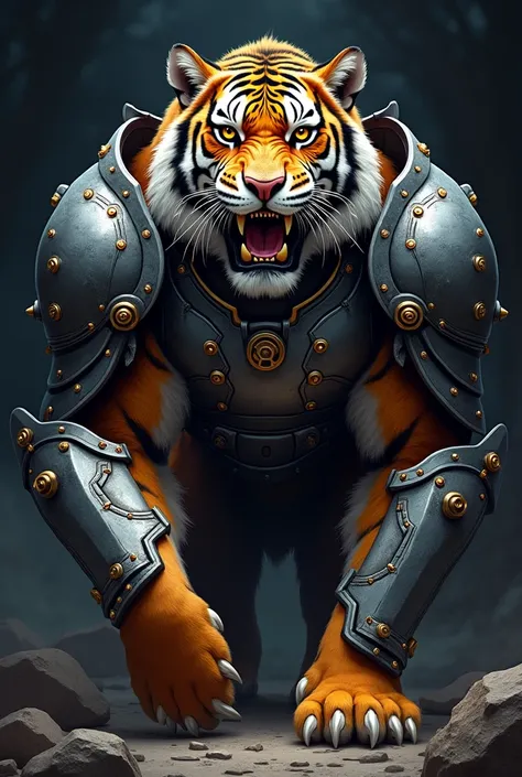  underneath Create a logo of a ferocious tiger with steel armor 