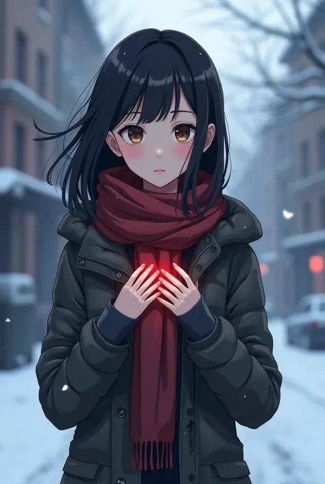 CrCreate a girl ( Black haired with semi bangs, her hair level is on her chest not too long) ( brown eyes, slim face ) in winter clothes and is holding her chest ( two hands) ( like feeling her heart beat) must be in a winter city 

Landscape form
( Blue A...