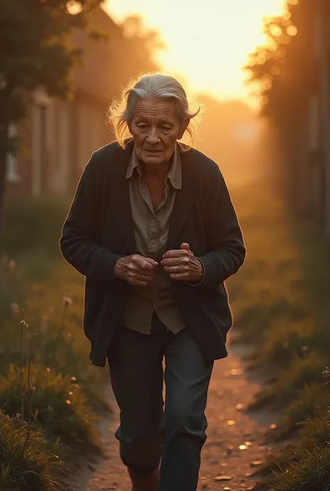 "an elderly woman, 60 years, But still beautiful, with expression of pain,  holding a swollen hand with sting marks . She runs back home ,  crossing a small dirt path with the late afternoon sun in the background."