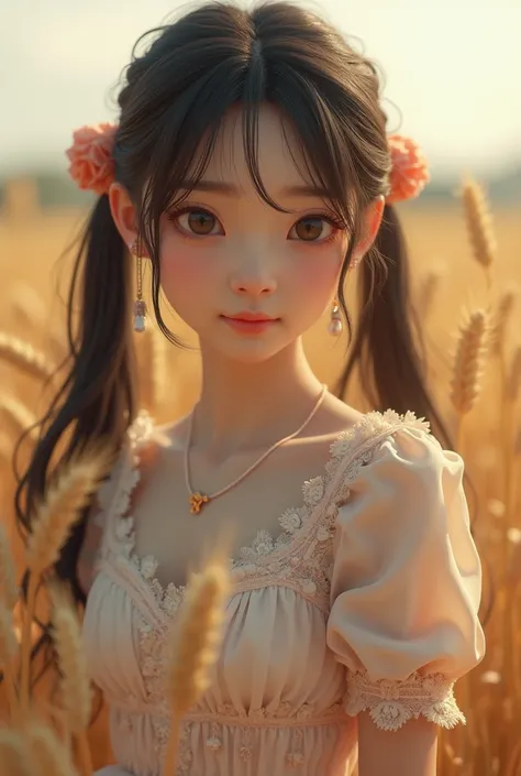  Korean woman , (masterpiece, Beautiful person, Dirty Smile),  virtual YouTuber, Farm work in the countryside, (There are (Harvesting wheat: 1.4)), Fertilization,  Wedding Style,  plain face ,  no makeup in the coal mine, Country girl,  ponytails bleeding ...