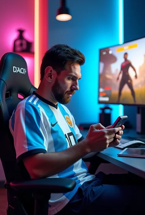 Messi playing freefire in mobile in gaming setup 