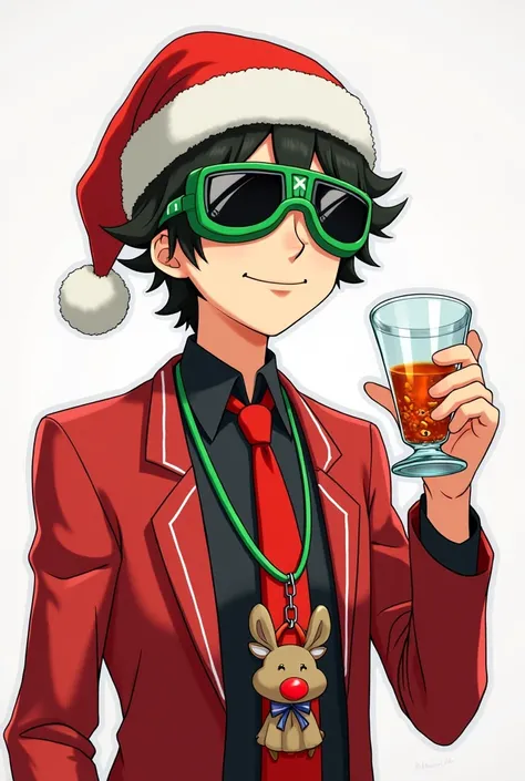 Shinichi Sakurai wearing a black shirt and red jacket with white lines on him, green goggles with black visors hanging around his neck and a red tie with a reindeer with a red nose in the middle and a Christmas hat and a glass, a liquid with small eyes in ...